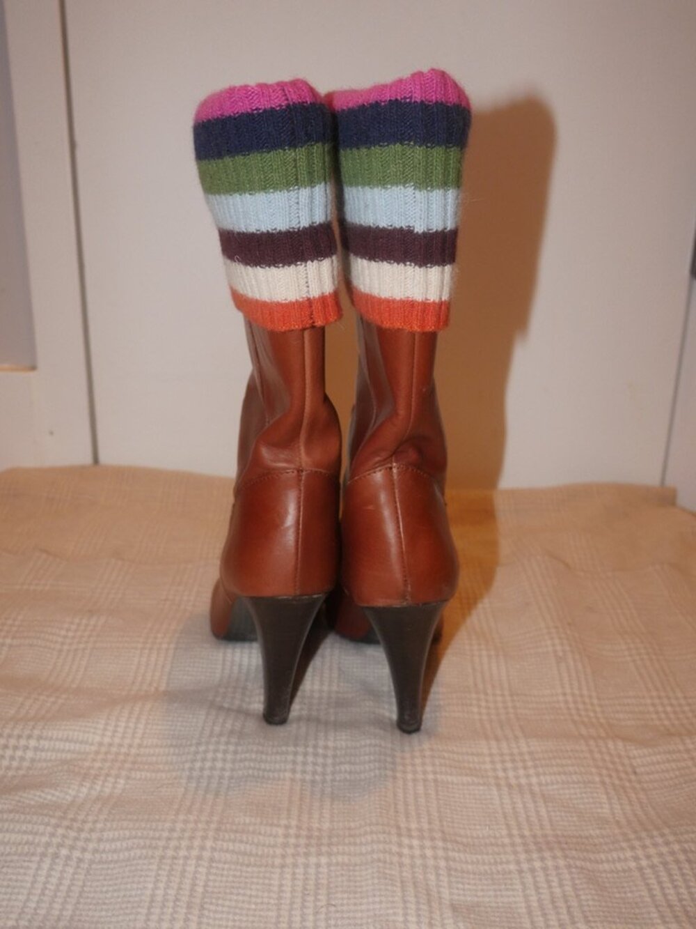 Coach Brown Leather Knee High Stiletto Boots Multicolor Striped Knit Cuff - Picture 4 of 8
